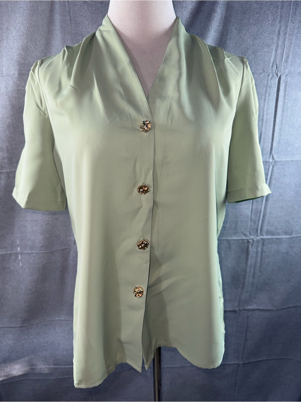 3110-Evaless Women's Sage Green Short Sleeve Blouse with Decorative Buttons